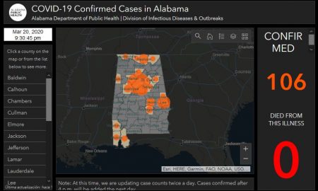 106 casos confirmados en Alabama 20 de marzo 2020