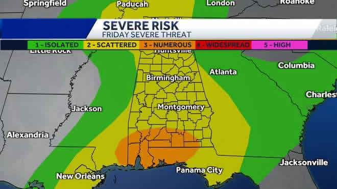 Posibles rondas de clima severo en el centro de Alabama el viernes